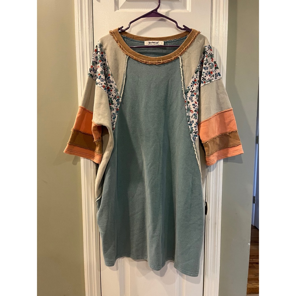 Three Bird Nest Patchwork Sweatshirt Dress Blue Floral Boho Raw Edge Small